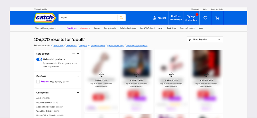 Design for Catch's adult products in search results
