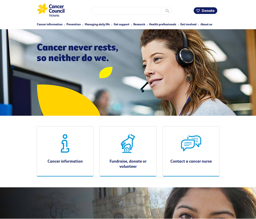 Cancer Council Victoria's new homepage