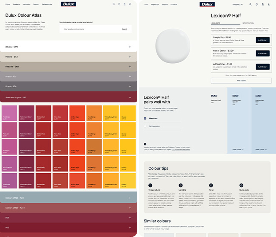 Colour Atlas modelled off the physical book for architects and interior designers and the product page displaying sample purchase options.