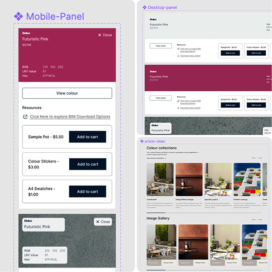 Examples of components created for the new website design system including colour swatch panel, article carousel and gallery carousel.