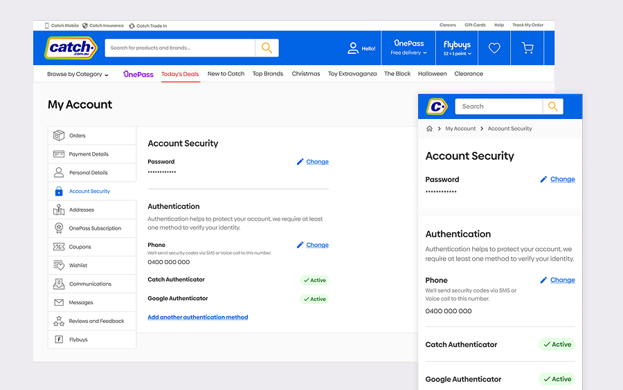 Design for Catch's account security screen
