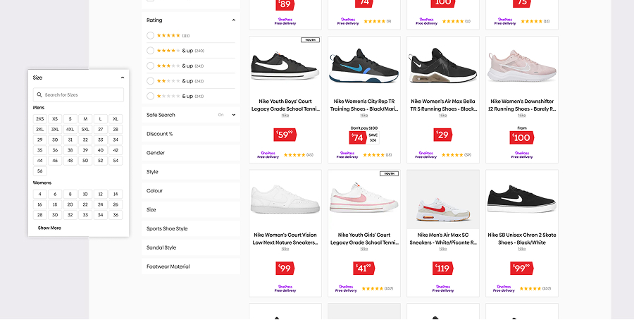 Design for Catch's size filter in search results
